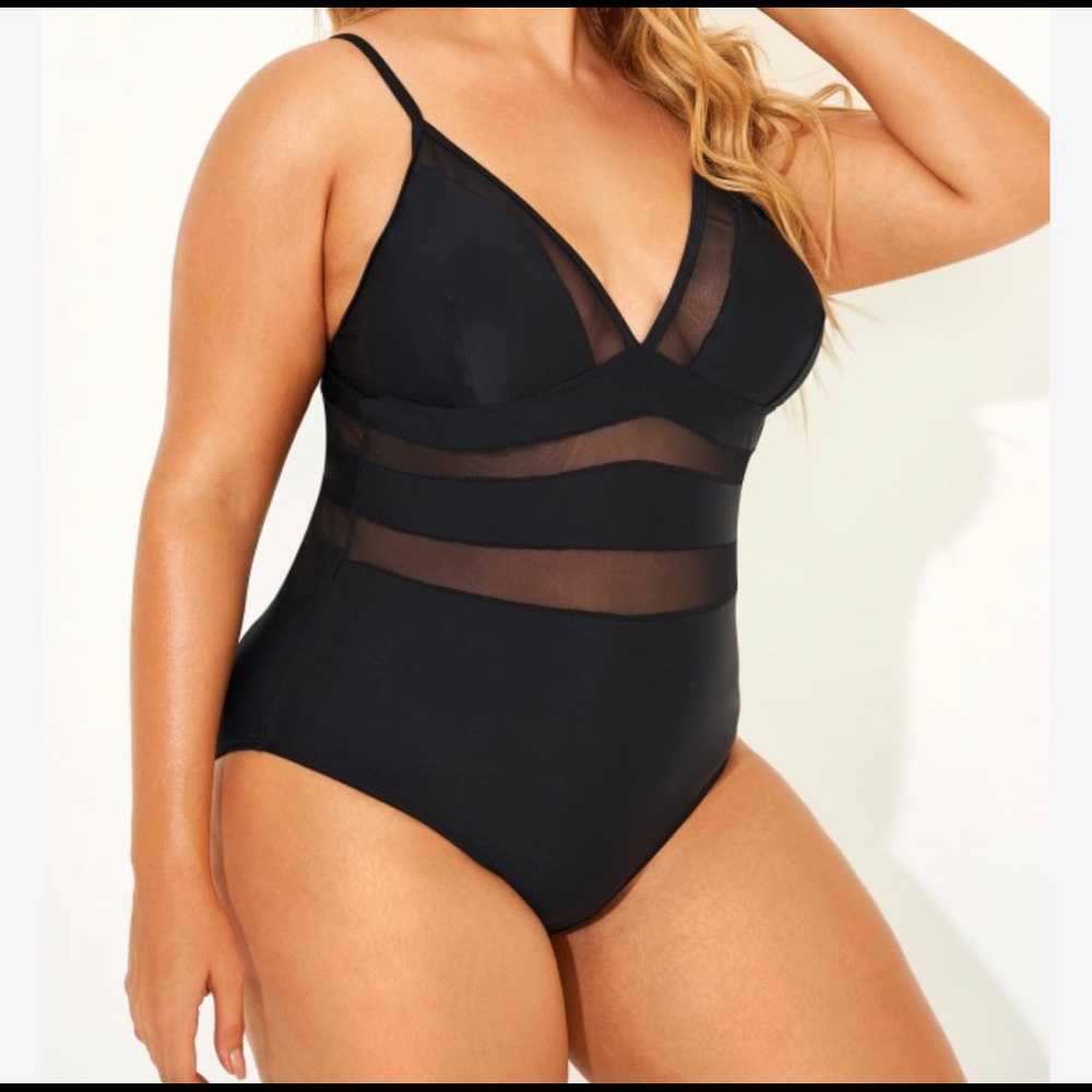 NWT Black Mesh V Neck Swim Suit
